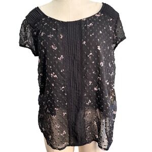 LC Lauren Conrad Black Floral Sheer Dot Top Blouse Pleated Lace‎ Womens L